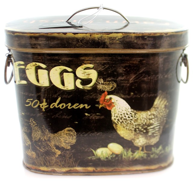 Home Garden Tin Container With Rooster Eggs Decorative Use Only