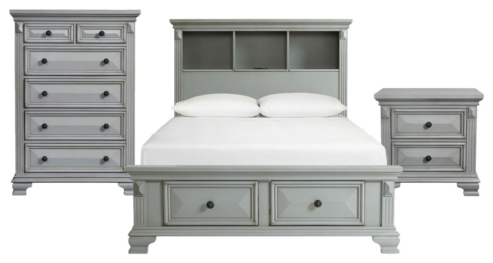 Picket House Trent Full Storage 3 Piece Bedroom Set, Gray Traditional