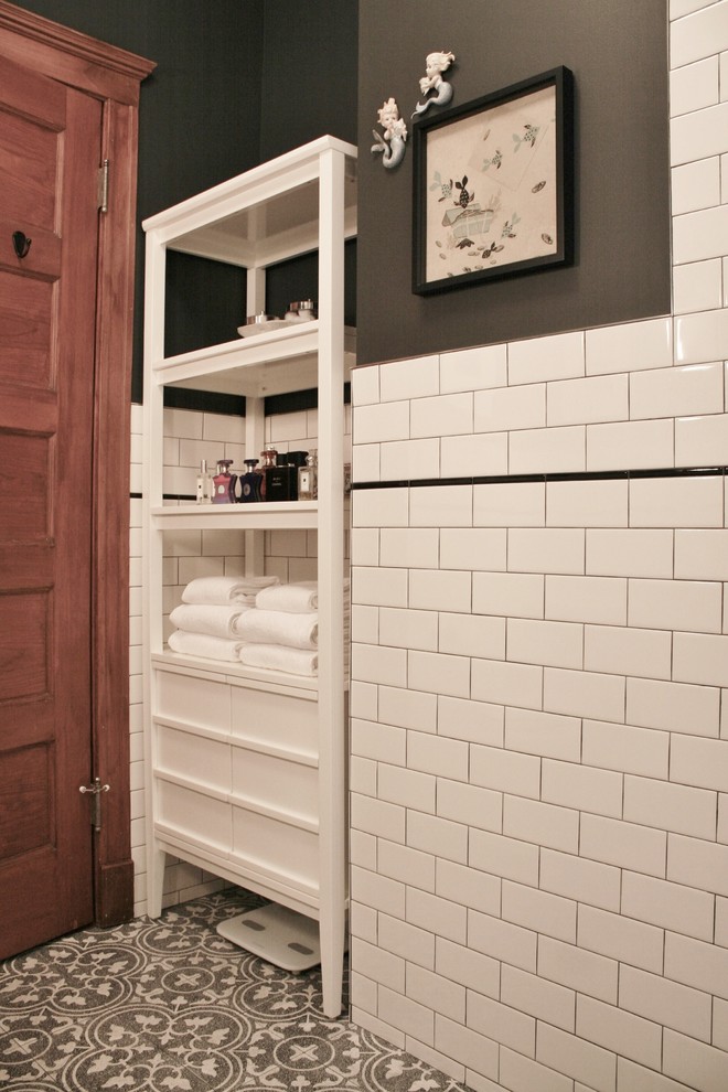 Inspiration for a small transitional 3/4 white tile and subway tile cement tile floor home design remodel in Chicago with furniture-like cabinets, a one-piece toilet, beige walls and a pedestal sink