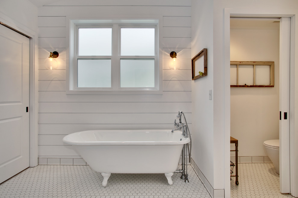 This is an example of a small arts and crafts master bathroom in Seattle with furniture-like cabinets, white cabinets, a claw-foot tub, a corner shower, a two-piece toilet, white tile, subway tile, white walls, ceramic floors, a vessel sink and quartzite benchtops.
