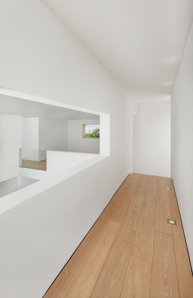This is an example of a modern hallway in Munich with white walls and light hardwood floors.