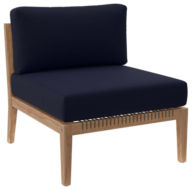 Clearwater Outdoor Patio Teak Wood Armless Chair, Gray Navy Modern Outdoor Lounge Chairs