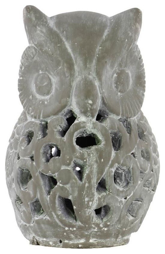 Cement Owl Figurine With Cutout Design, Large, Washed Concrete Finish, Gray