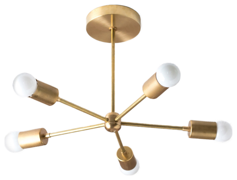 Sputnik Five Bulb Chandelier, Raw Brass