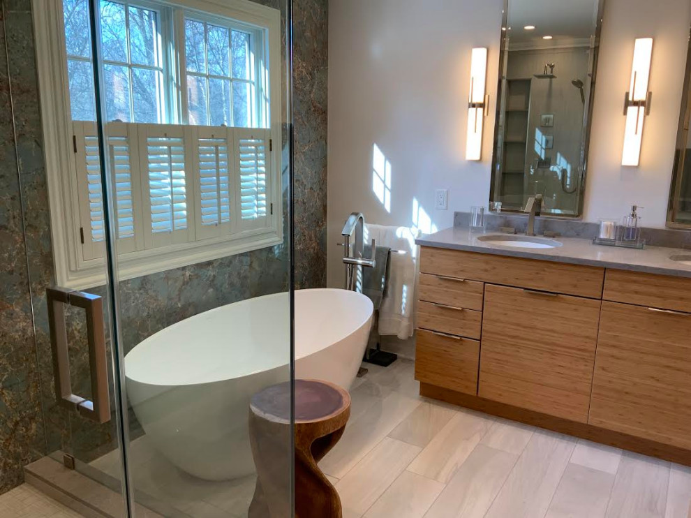 Stunning Transitional Bathroom - Imported Spanish Quartz Slabs & Bamboo Vanity