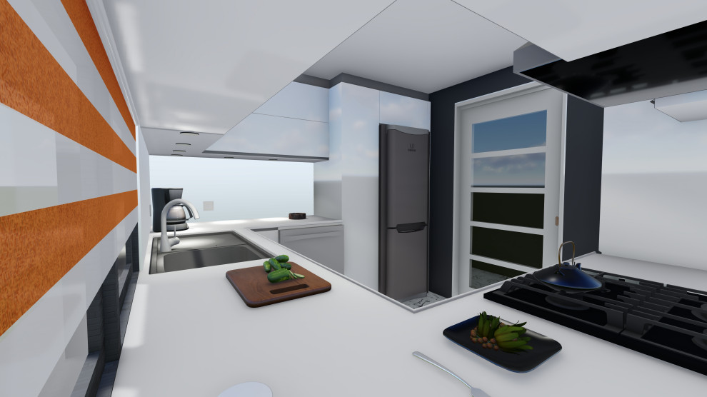 Enclosed kitchen - small contemporary u-shaped marble floor and gray floor enclosed kitchen idea with solid surface countertops, no island and white countertops