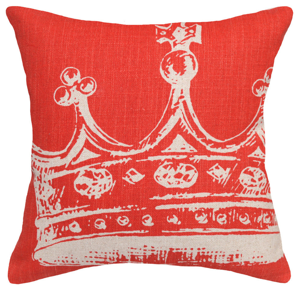 Crown Printed Linen Pillow With Feather-Down Insert, Coral Red