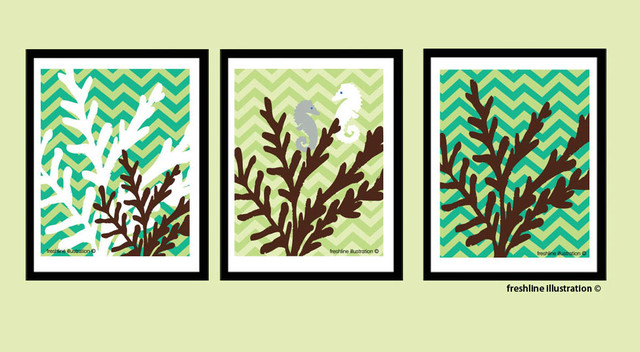Art Prints, Modern Coral and Seahorse on Chevron by Fresh Line