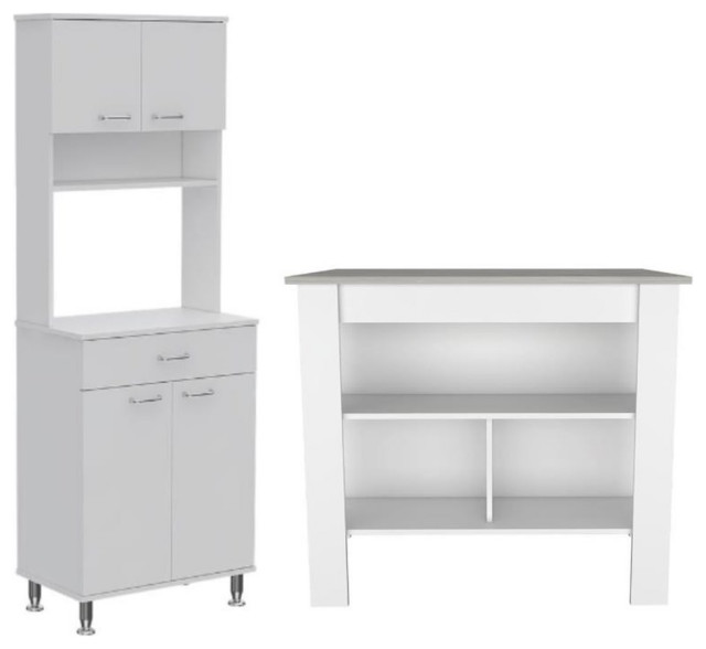 Cala Kitchen Island With Shelves – White & Light Oak, Extra Prep Space & Storage