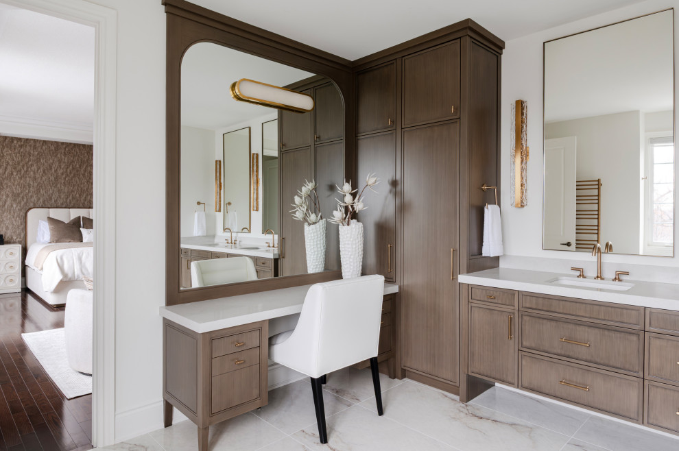 Inspiration for a mid-sized transitional master porcelain tile and multicolored floor bathroom remodel in Toronto with recessed-panel cabinets, medium tone wood cabinets, an undermount sink, white countertops, a niche and a floating vanity