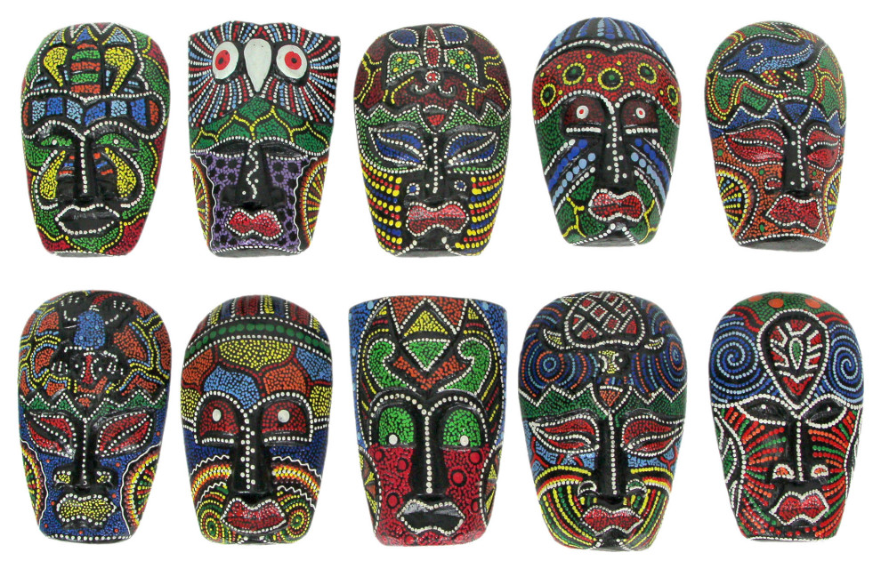 Set of 10 Hand Carved Tropical Dot Painted Tribal Masks 5 Inch Wall
