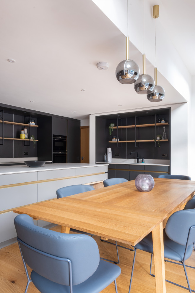 Mittelgroße Moderne Küche mit flächenbündigen Schrankfronten und Kücheninsel in Gloucestershire