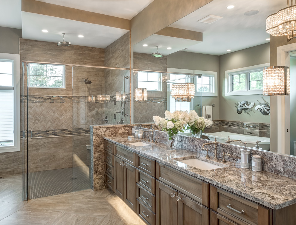Design ideas for a traditional master bathroom in Other with recessed-panel cabinets, medium wood cabinets, a curbless shower, multi-coloured tile, matchstick tile, brown walls, an undermount sink, a hinged shower door and multi-coloured benchtops.