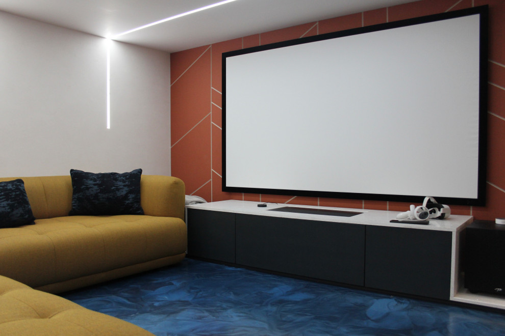 На фото: большая открытая комната для игр:: освещение в стиле модернизм с телевизором на стене, синим полом и панелями на части стены с