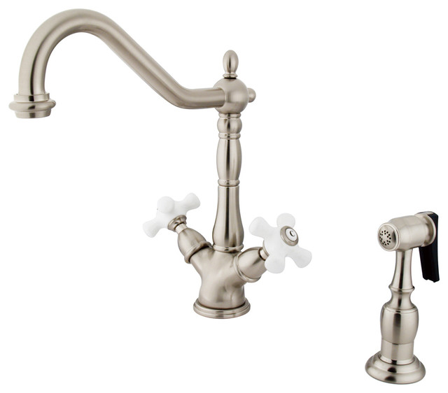 Satin Nickel Heritage Double Handle Kitchen Faucet With Side Sprayer KS1238PXBS