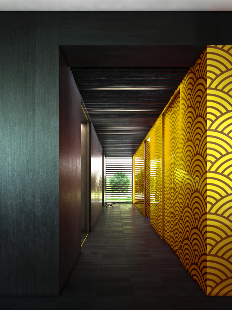 This is an example of a large contemporary hallway in Le Havre with yellow walls and ceramic floors.