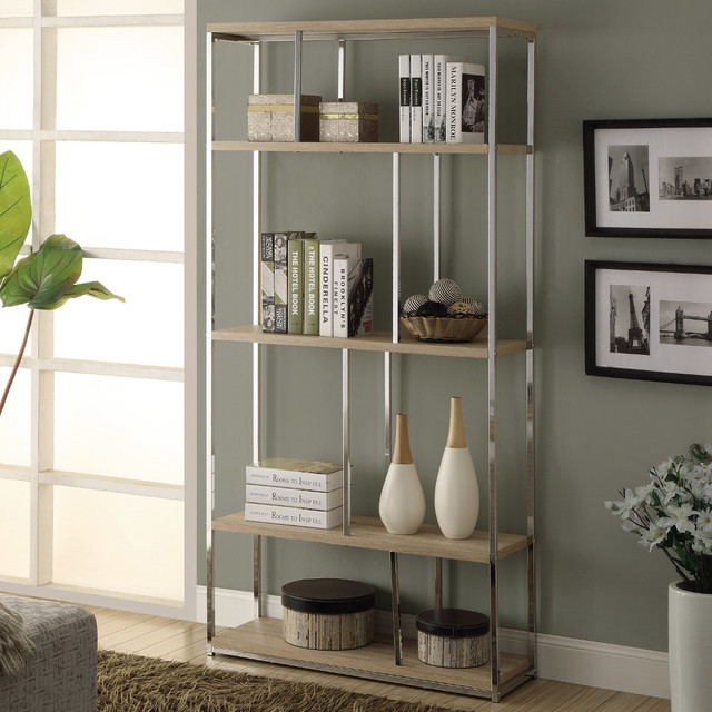 Natural Reclaimed Look Chrome Metal 72in H Bookcase Contemporary Natural Reclaimed Look Chrome Metal 72in H Bookcase Contemporary Bookcases By Modern Furniture Warehouse