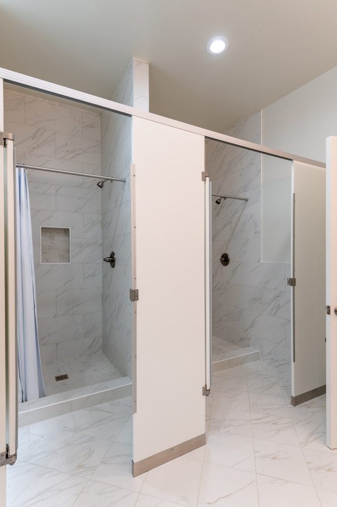 Inspiration for a large traditional master bathroom in Other with an alcove shower, a two-piece toilet, white tile, white walls, an integrated sink, engineered quartz benchtops, white floor, a shower curtain, multi-coloured benchtops and an enclosed toilet.