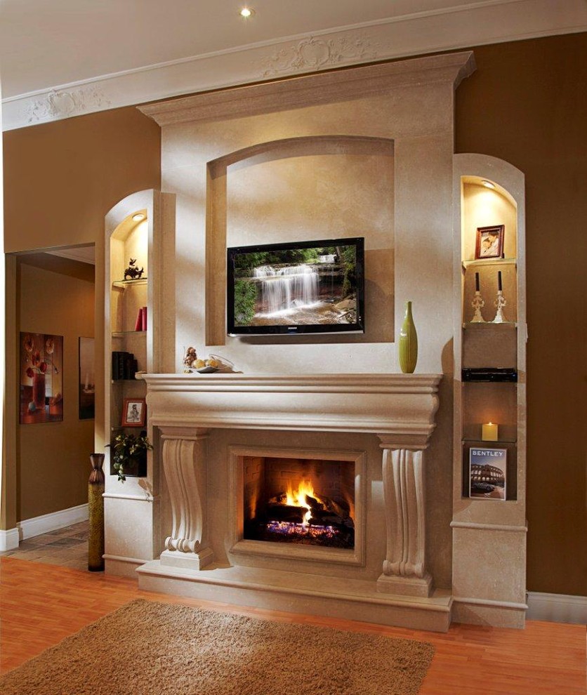 Design ideas for a large traditional formal enclosed living room in Other with brown walls, medium hardwood floors, a standard fireplace, a stone fireplace surround and a wall-mounted tv.