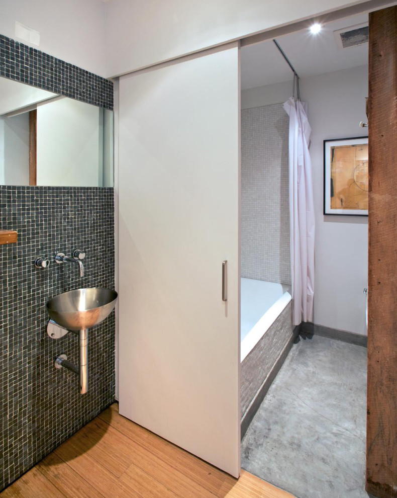 Design ideas for a modern bathroom in San Francisco with mosaic tile and a wall-mount sink.