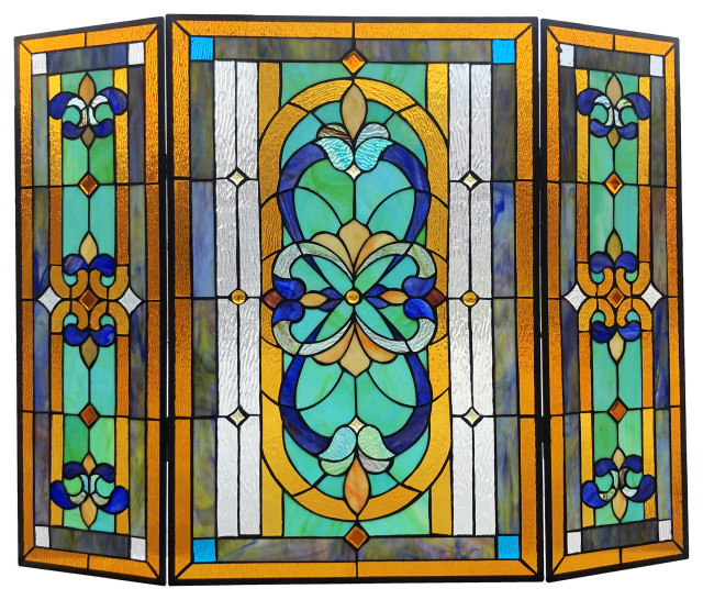 PALACE Tiffany-Style 3-Piece Folding Victorian Glass Fireplace Screen, 40"