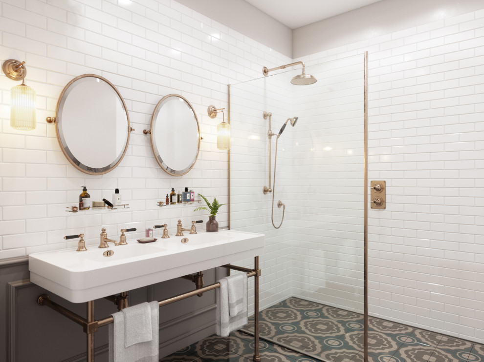Cette photo montre une salle d'eau chic de taille moyenne avec un espace douche bain, un carrelage blanc, des carreaux de céramique, un mur beige, carreaux de ciment au sol, un lavabo de ferme, un sol multicolore, meuble double vasque et un plafond à caissons.