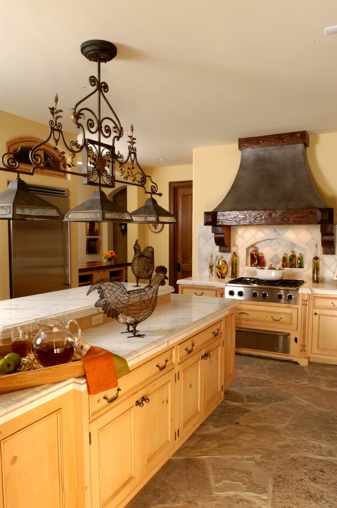 Country French Recessed Panel Knotty Pine Kitchen with ...