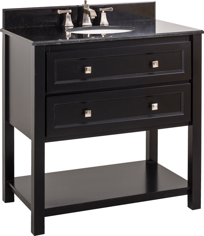 36" Black Vanity, Open Bottom Shelf, Black Granite Top, Oval Bowl