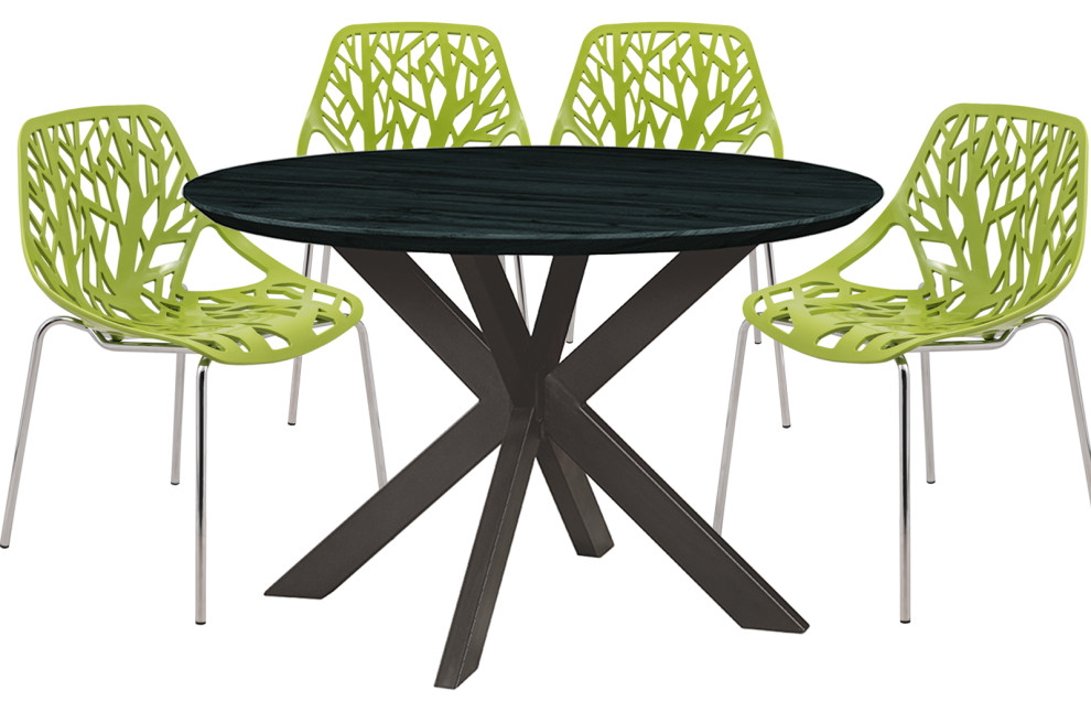 Leisuremod Ravenna 5-Piece Dining Set, Table With Geometric Base, Green