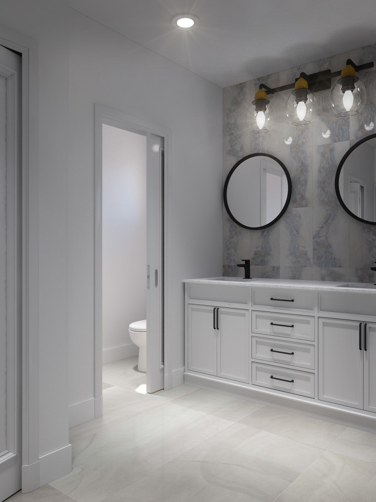 Mid-sized modern powder room in Tampa with recessed-panel cabinets, white cabinets, a one-piece toilet, black and white tile, porcelain tile, multi-coloured walls, porcelain floors, a drop-in sink, granite benchtops, grey floor, white benchtops and a freestanding vanity.