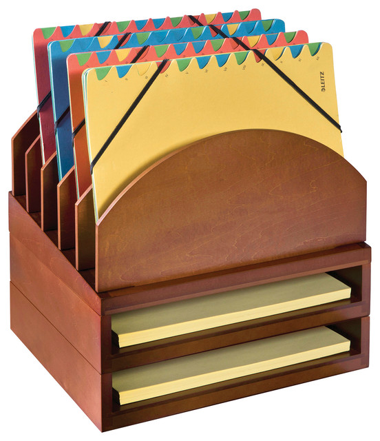 Bindertek Stacking Wood Desk Organizers Step Up File & 2 Tray Kit