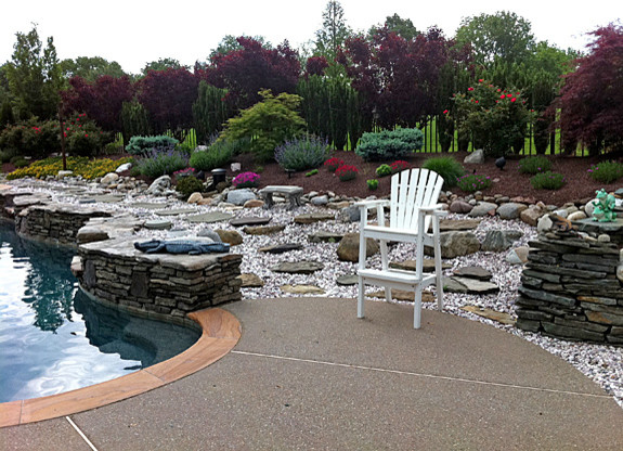 Pool - large transitional backyard stamped concrete and custom-shaped pool idea in Philadelphia