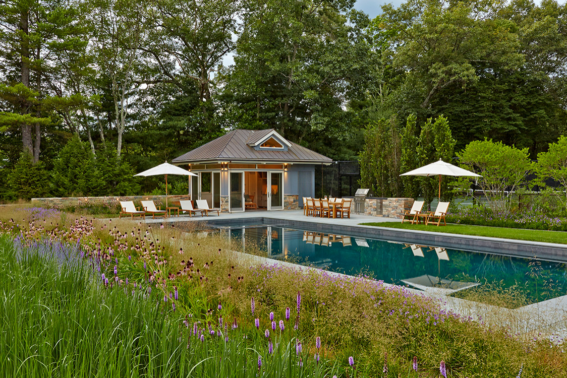Lap Pool within Meadow Setting. This pool is located in Northern Westchester, NY. It is completely surrounded by blue stem and summer perennial meadow.  Peter Atkins and Associates. LLC