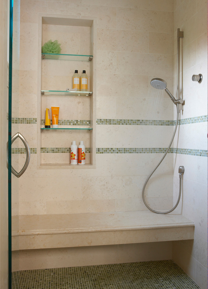 Photo of a large traditional master bathroom in Boston with an alcove shower, beige tile, stone tile, beige walls, mosaic tile floors, green floor and a hinged shower door.