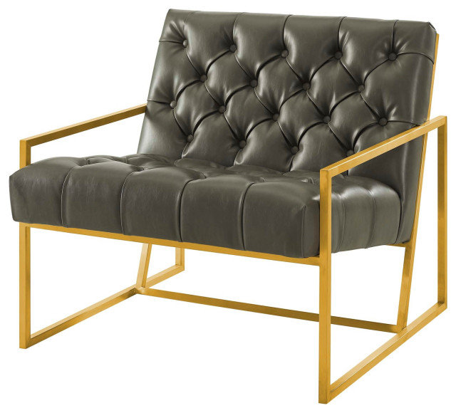 Tufted Faux Leather Chair, Brushed Gold Arm Chair, Tufted Lounge Chair, Gray Contemporary