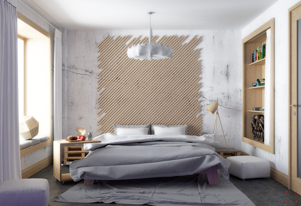 Bedroom - mid-sized contemporary concrete floor bedroom idea in Other with gray walls