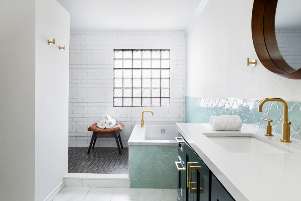Design ideas for a large transitional master bathroom in Dallas with green cabinets, a corner tub, an open shower, green tile, ceramic tile, white walls, white floor, an open shower, white benchtops, a double vanity and decorative wall panelling.
