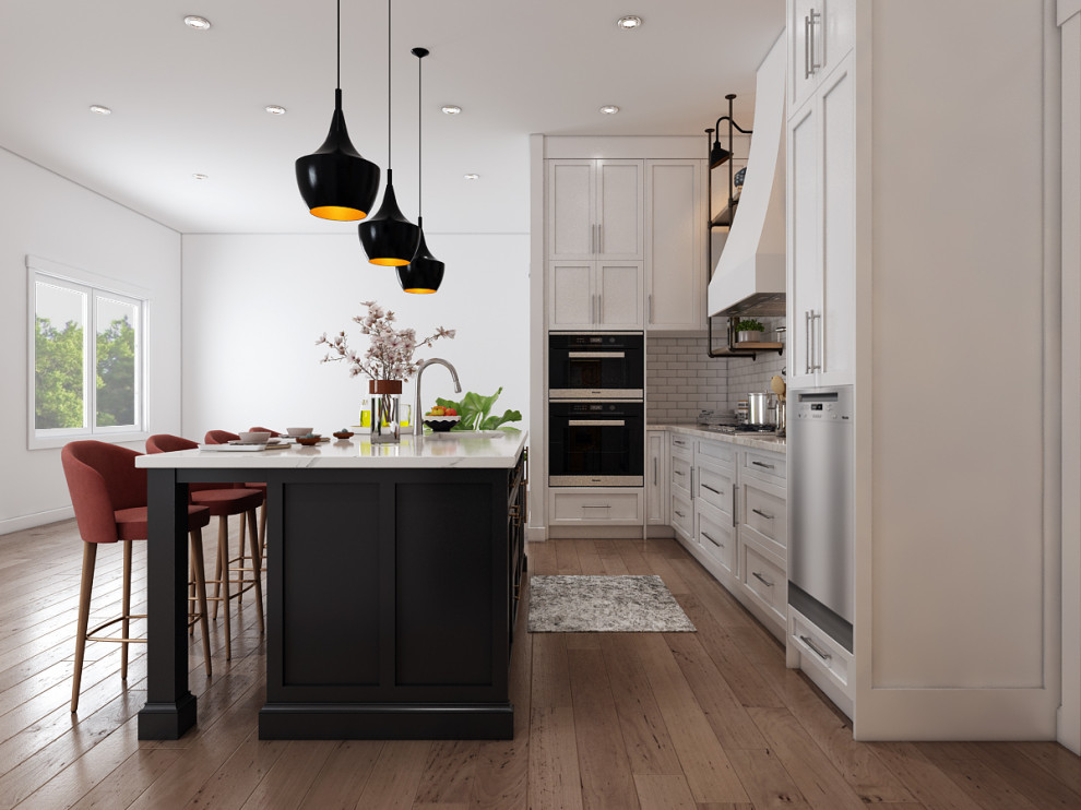 Example of a mid-sized urban u-shaped dark wood floor and brown floor open concept kitchen design in Dallas with an undermount sink, shaker cabinets, black cabinets, quartz countertops, red backsplash, stone tile backsplash, stainless steel appliances, an island and white countertops