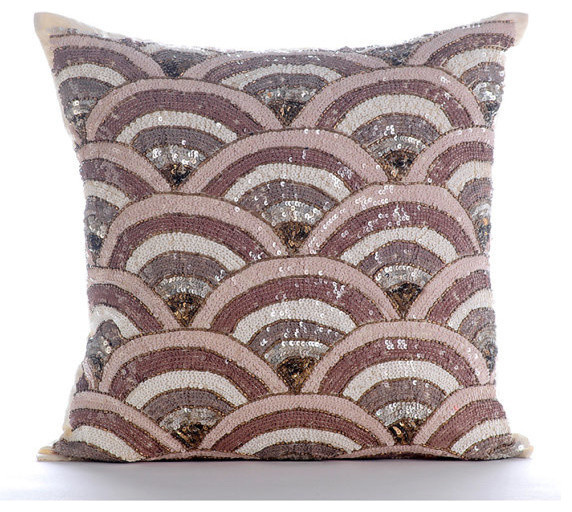 Sequins Beaded Beige Accent Pillows Art Silk Pillow Case