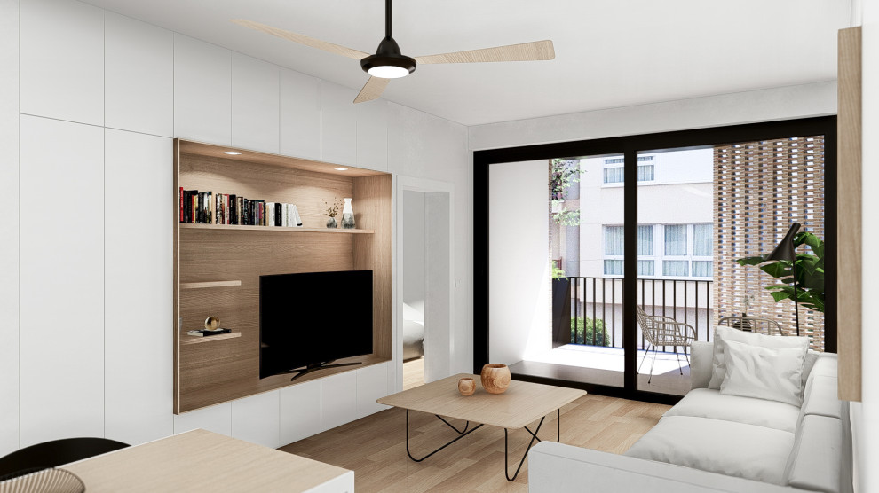 Diseño de biblioteca en casa abierta y blanca y madera minimalista de tamaño medio con paredes blancas, suelo de madera clara, televisor independiente y suelo beige