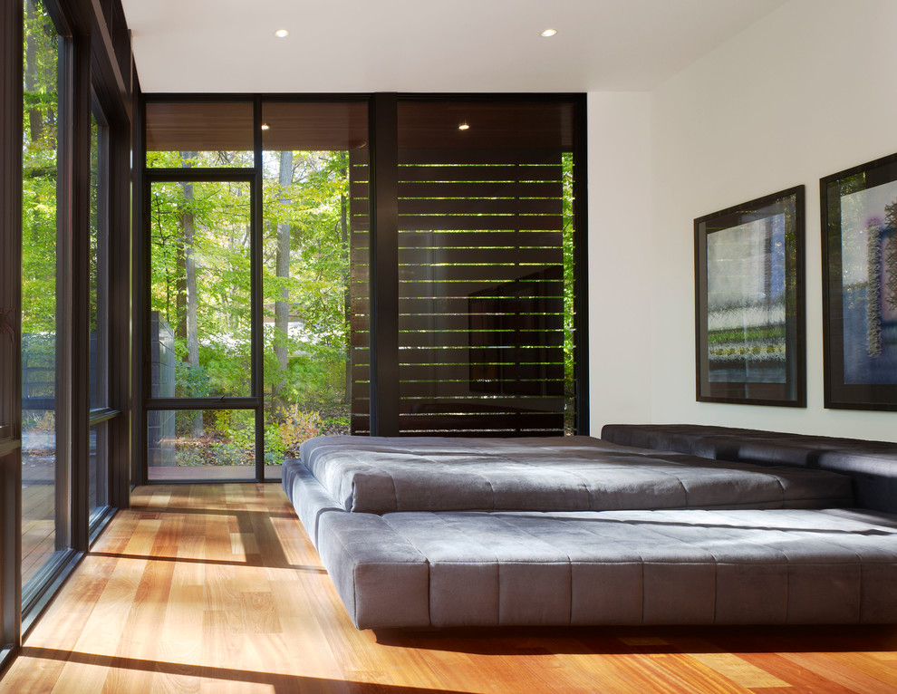 Inspiration for a contemporary bedroom in DC Metro with white walls and medium hardwood floors.