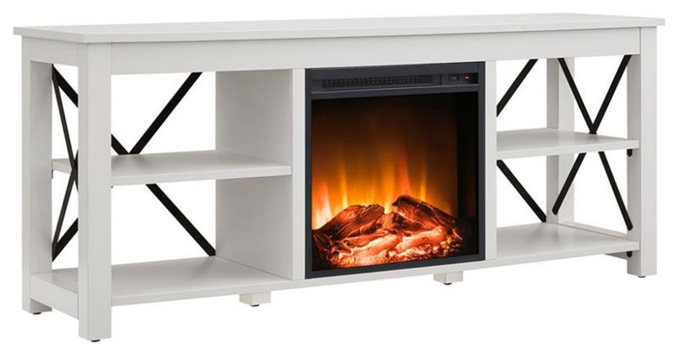 Pemberly Row TV Stand with Log Fireplace Insert in White (TVs up to 65