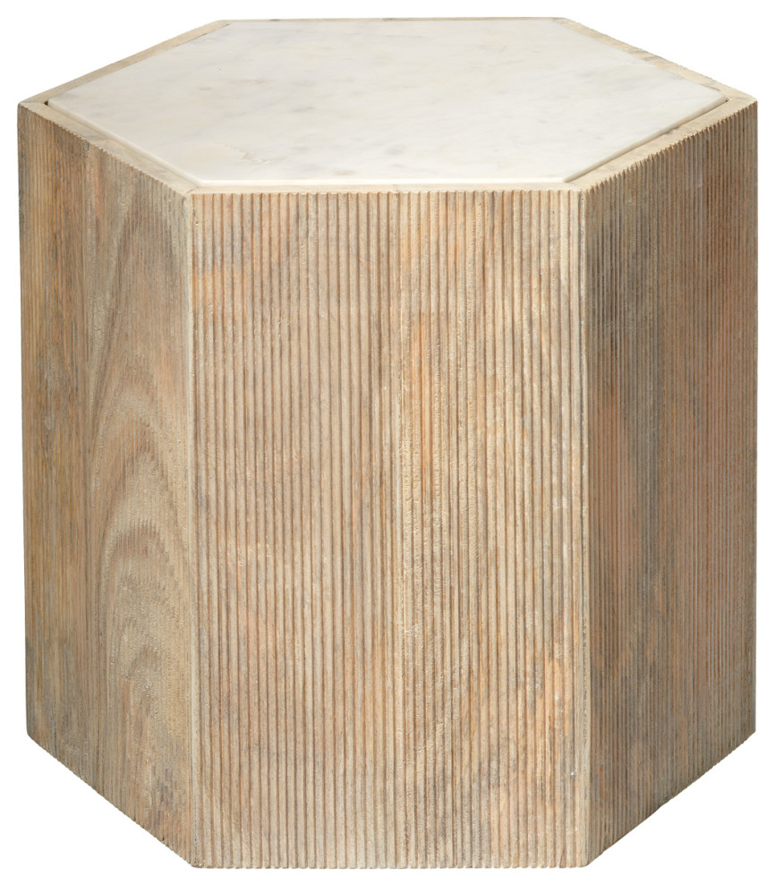 Bleached Wood White Marble Hexagon 18" Bunching Table Minimalist Contemporary