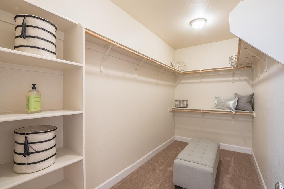 Photo of a mid-sized country gender-neutral walk-in wardrobe in Other with carpet and beige floor.
