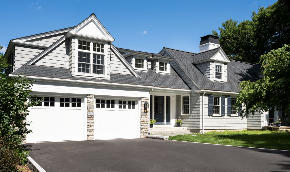 Example of a classic gray two-story mixed siding and shingle house exterior design in Boston