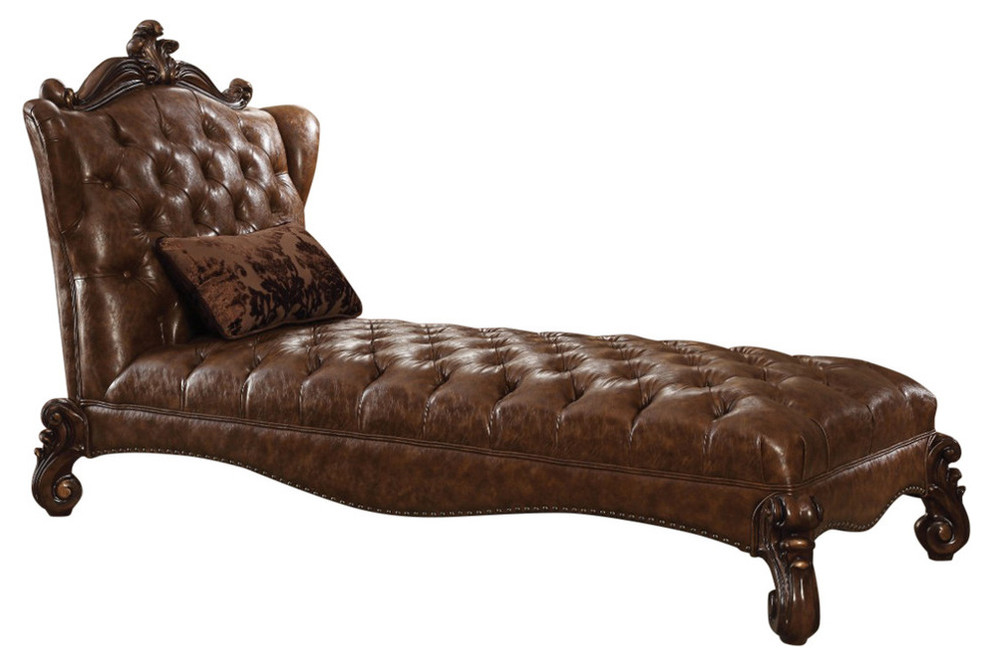 Wooden Chaise With 1 Pillow, 2Tone Light Brown Pu Victorian Indoor