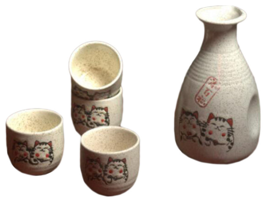 Sake Set Japanese Sake Cup Set Traditional Hand Painted Design Porcelain Pottery Ceramic Cups Crafts Wine Glasses 5 Piece Blue Wise