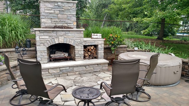 Woodbury Pond Waterfall And Outdoor Patio Fireplace Tropical