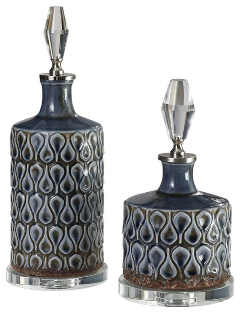 Uttermost Varuna 2-Piece Ceramic and Metal Bottle Set in Blue and Nickel