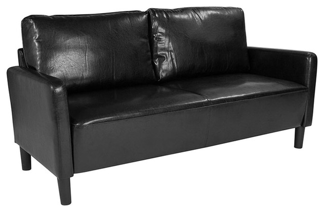 Offex Contemporary Upholstered Sofa with Loose Back Cushions, Black Leather